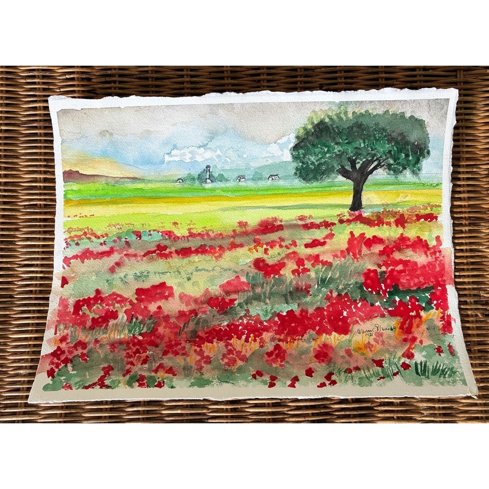 Warren C Plauche Poppy Fields Original Watercolor Painting Signed 11/21 15x11